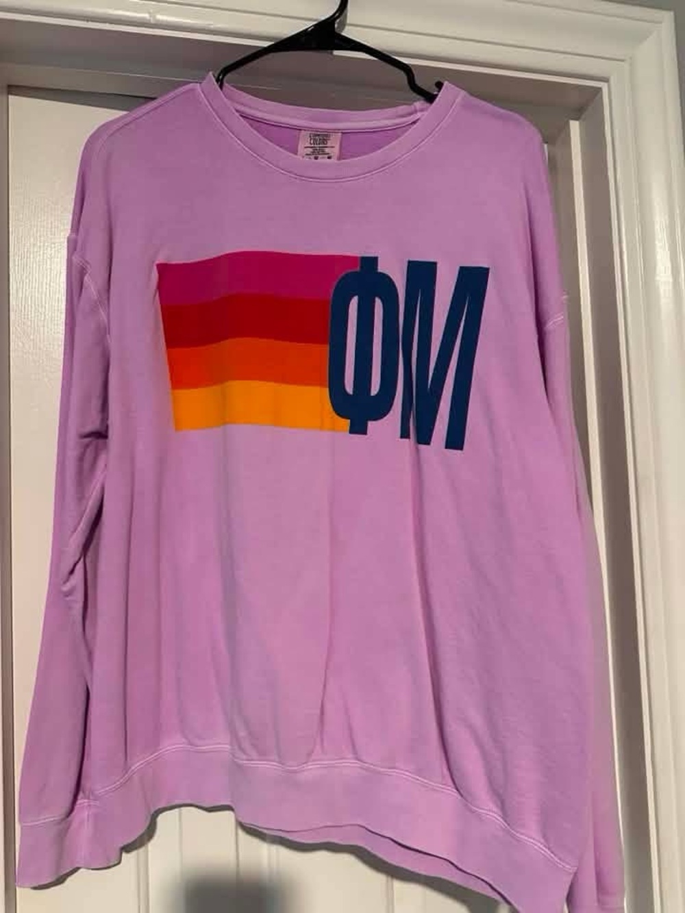 Comfort Colors Lavender Crewneck with Retro Stripe and Phi Mu Graphic